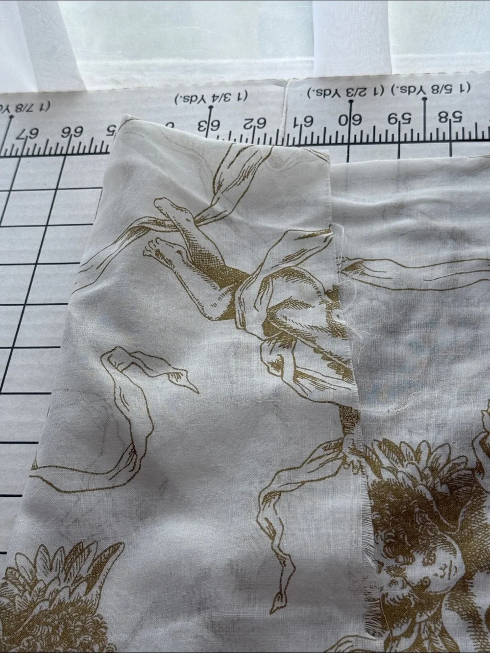 1¾ Yds Vintage Style Cherub Voile Fabric 58” Wide Semi Sheer Ivory Gold Romantic